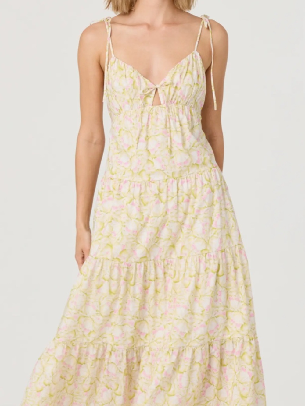 Tie Strap Tiered Maxi Dress ASTR the Label, Yellow Flora, Size Large New